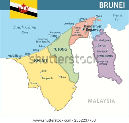 Brunei Map Vector New 2024 Colorful - Customizable layered political map of Brunei with administrative divisions for website, education, reports, news, politics, print, poster and wallpaper