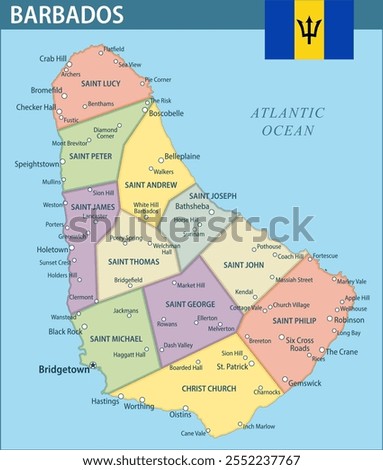 Barbados Map Vector New 2024 Colorful - Customizable layered political map of Barbados with administrative divisions for website, education, reports, news, politics, print, poster and wallpaper