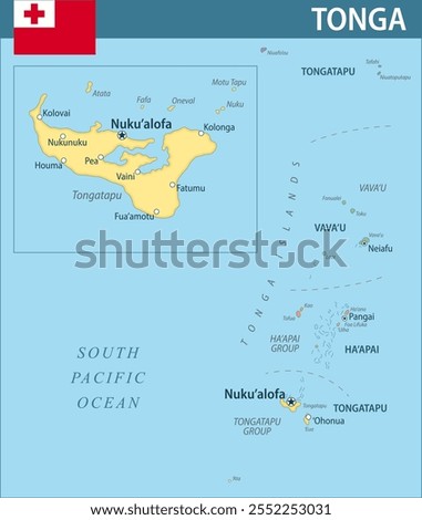 Tonga Map Vector New 2024 Colorful - Customizable layered political map of Tonga with administrative divisions for website, education, reports, news, politics, print, poster and wallpaper