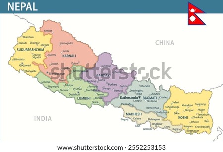 Nepal Map Vector New 2024 Colorful - Customizable layered political map of Nepal with administrative divisions for website, education, reports, news, politics, print, poster and wallpaper