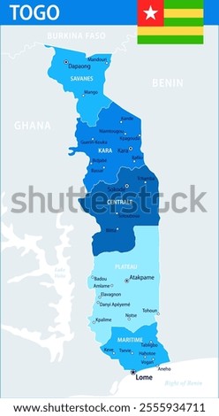 Togo Map Vector Blue Spot - Customizable layered political map of Togo with administrative divisions for website, education, reports, news, politics, print, poster and wallpaper