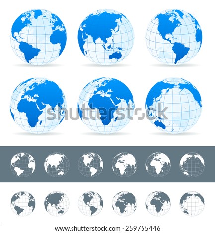 Globes set - illustration
Vector set of different globe views.
Made in blue, gray and white variants.