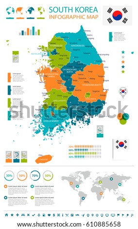 South Korea map and flag - highly detailed vector infographic illustration
