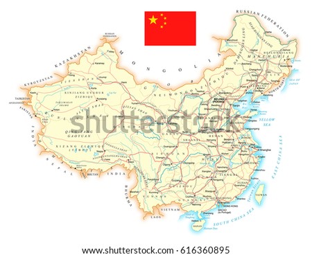 China - large detailed road topographic map - vector illustration