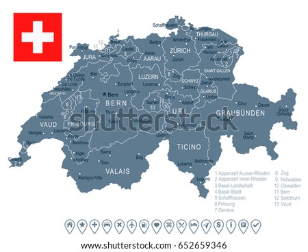 Switzerland map and flag - highly detailed vector illustration