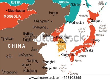 North Korea South Korea Japan China Russia Mongolia Map - Detailed Vector Illustration