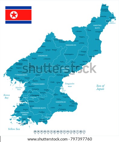 North Korea map and flag - High Detailed Vector Illustration