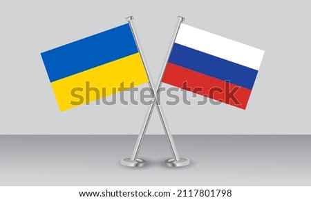Crossed flags of Ukraine and Russia. Official colors. Correct proportion. Banner design