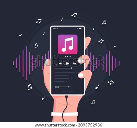 Media player app. Hand holding modern phone playing audio or radio. Smartphone music player user interface concept. Flat style vector illustration.
