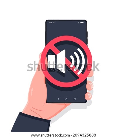 No sound sign for mobile phone. Hand holding smartphone sound off. Volume off or mute mode sign for smartphone. Please silence your mobile phone, smartphone silence zone.