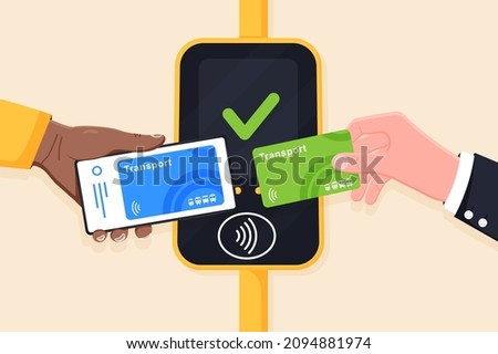 Hand holding transport card and phone near terminal. Wireless, contactless or cashless payments, RFID NFC. Airport, metro or bus and subway ticket terminal validator. 