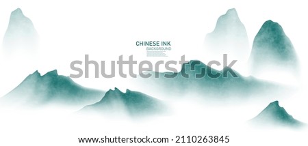 Vector illustration of a landscape painting in Chinese ink on antique paper with a beautiful design.