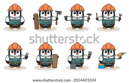 Cute cartoon of Penguin being a handyman. Character animal. Cartoon style Handyman with the tools. Children's illustration.
