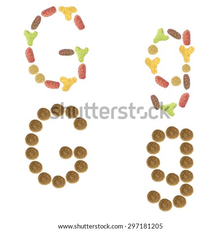English alphabet ABC of dry cat and dog food, isolated on white background. Letter G.