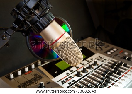 Recording studio with microphone and sound equalizer
