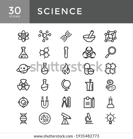 Set vector line icons, sign and symbols science with elements for mobile concepts and web apps, set of atom line Flask, Energy, Atom, Radioactive, Positive ion, Molecule, Physics, Proteins