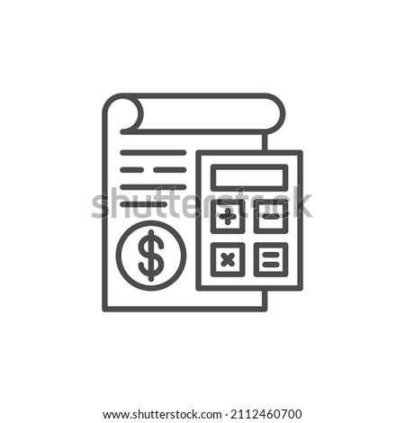 Money document and calculator outline icon. linear style sign for mobile concept and web design. Financial accounting simple line vector icon. Symbol, logo illustration. Pixel perfect vector graphics