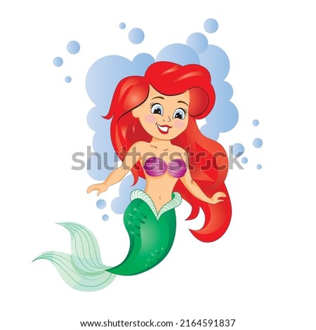 Beautiful cheerful mermaid ariel fairy illustration, cute mermaid character, children's greeting cards, illustrations for Kids fashion artwork, children's books, greeting cards, wallpapers, posters

