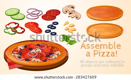 collect, assemble, fast food, Pizza, Italian, ingredients, toppings