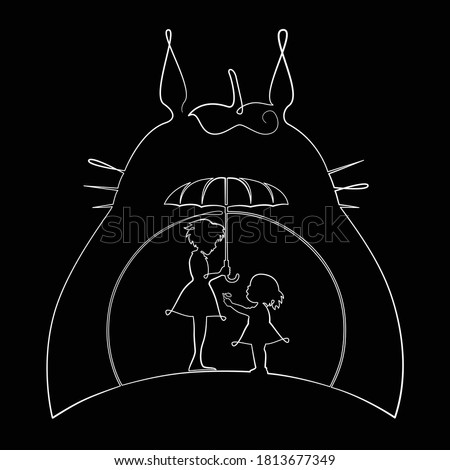 One line art, Totoro Mei and Satsuki under umbrella design
