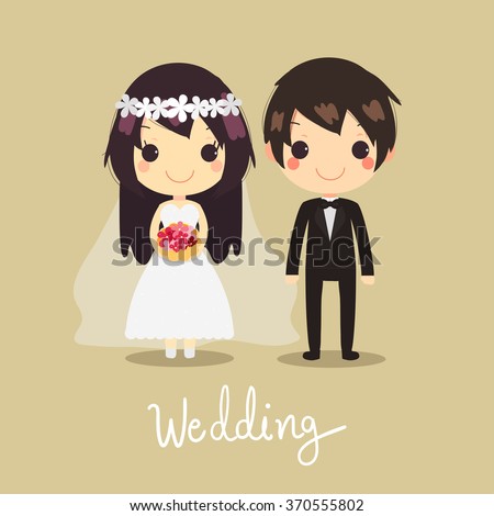 cute vector couple.Wife holding flower with text Wedding