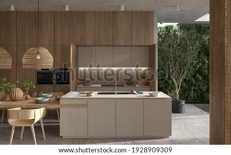 Minimalism modern interior  scandinavian design. Bright studio living, kitchen and dining room. Wooden kitchen with kitchen island, green plants and table with dishes. 3d render. 3d illustration.