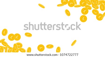 British pound coins falling. Scattered bi GBP coins on white background. Fascinating wide corners vector illustration. Jackpot or success concept.