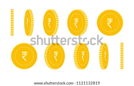 Indian rupee coins set, animation ready. INR yellow coins rotation. India metal money in different positions isolated. Energetic cartoon vector illustration.