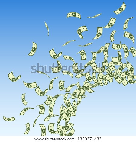 Indian rupee notes falling. Small INR bills on blue sky background. India money. Captivating vector illustration. Beautiful jackpot, wealth or success concept.