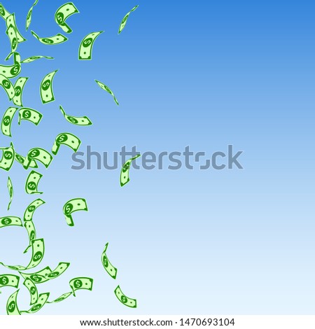 American dollar notes falling. Sparse USD bills on blue sky background. USA money. Cool vector illustration. Powerful jackpot, wealth or success concept.