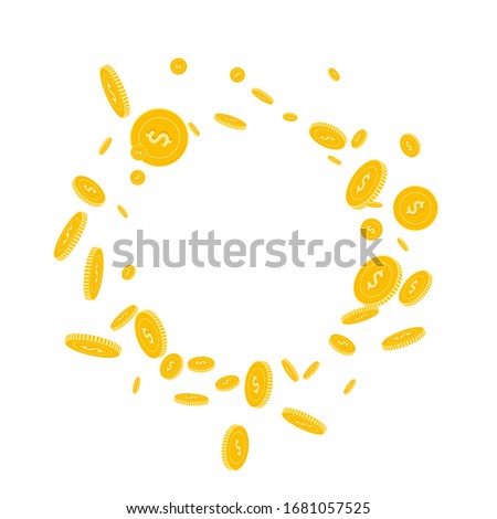 American dollar coins falling. Scattered disorderly USD coins on white background. Fancy round scattered frame vector illustration. Jackpot or success concept.