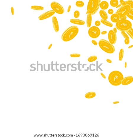 Indian rupee coins falling. Scattered floating INR coins on white background. Delicate scattered top right corner vector illustration. Jackpot or success concept.