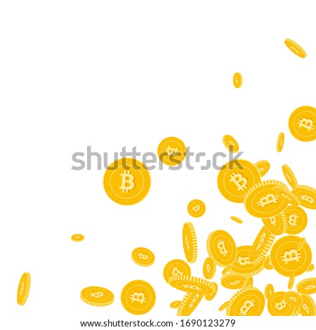 Bitcoin, internet currency coins falling. Scattered floating BTC coins on white background. Charming scattered bottom right corner vector illustration. Jackpot or success concept.