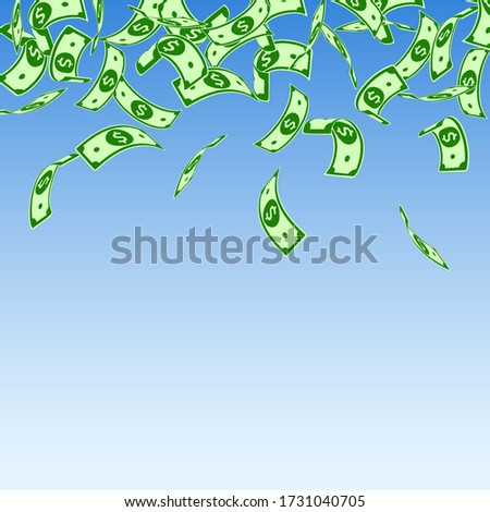 American dollar notes falling. Floating USD bills on blue sky background. USA money. Cool vector illustration. Tempting jackpot, wealth or success concept.