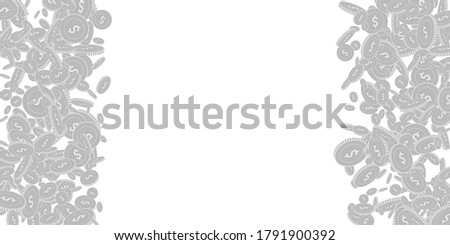 American dollar coins falling. Scattered black and white USD floating coins. Jackpot or success concept. Superb right left border vector illustration.