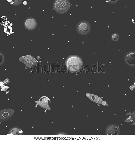 Flat cartoon style funny planet pattern. Astronaut with rocket and alien in the open space Cute design for kids fabric and wrapping paper. Planet pattern with constellations and stars.