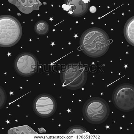 Flat cartoon style funny planet pattern. Astronaut with rocket and alien in the open space Cute design for kids fabric and wrapping paper. Planet pattern with constellations and stars.