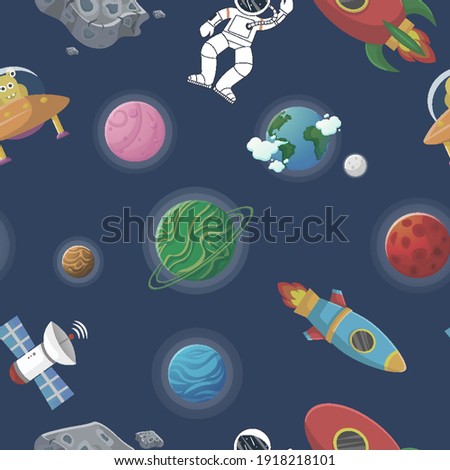 Flat cartoon style space pattern. Astronaut with rocket and alien in the open space Cute design for kids fabric and wrapping paper. Space pattern with planets and stars.