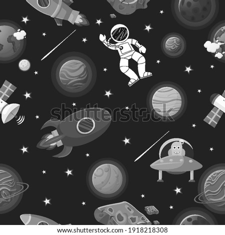 Space pattern with planets and stars. Astronaut with rocket and alien in the open space Cute design for kids fabric and wrapping paper. Flat cartoon style space pattern.