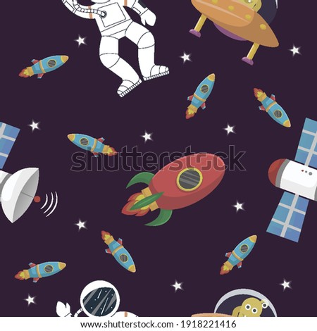 Space pattern with planets and stars. Astronaut with rocket and alien in the open space Cute design for kids fabric and wrapping paper. Flat cartoon style space pattern.