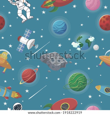 Planet pattern with constellations and stars. Astronaut with rocket and alien in the open space Cute design for kids fabric and wrapping paper. Flat cartoon style funny planet pattern.