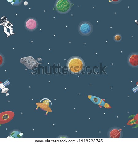 Flat cartoon style funny cosmic fabric. Astronaut with rocket and alien in the open space Cute design for kids fabric and wrapping paper. Cosmic fabric for kids.