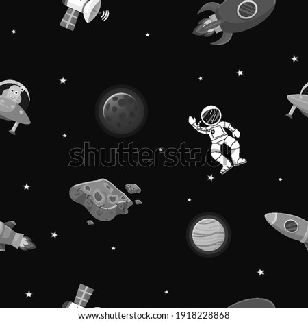 Flat cartoon style funny cosmic fabric. Astronaut with rocket and alien in the open space Cute design for kids fabric and wrapping paper. Cosmic fabric for kids.