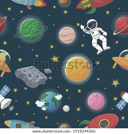 Galaxy pattern cartoon style. Astronaut with rocket and alien in the open space Cute design for kids fabric and wrapping paper. Flat cartoon style funny galaxy pattern.
