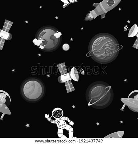Flat cartoon style funny galaxy pattern. Astronaut with rocket and alien in the open space Cute design for kids fabric and wrapping paper. Galaxy pattern cartoon style.
