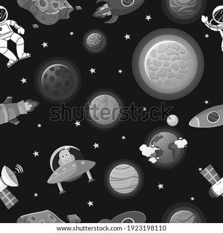 Flat cartoon style funny galaxy pattern. Astronaut with rocket and alien in the open space Cute design for kids fabric and wrapping paper. Galaxy pattern cartoon style.