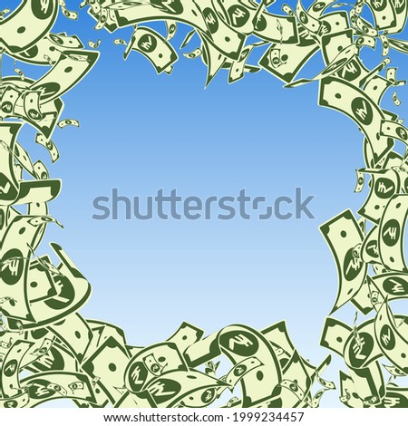 Indian rupee notes falling. Messy INR bills on blue sky background. India money. Brilliant vector illustration. Juicy jackpot, wealth or success concept.