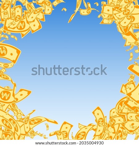 Korean won notes falling. Messy WON bills on blue sky background. Korea money. Dazzling vector illustration. Fresh jackpot, wealth or success concept.