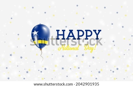 Curacao National Day patriotic poster. Flying Rubber Balloon in Colors of the Dutch Flag. Curacao National Day background with Balloon, Confetti, Stars, Bokeh and Sparkles.