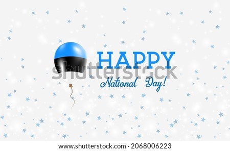 Estonia National Day patriotic poster. Flying Rubber Balloon in Colors of the Estonian Flag. Estonia National Day background with Balloon, Confetti, Stars, Bokeh and Sparkles.